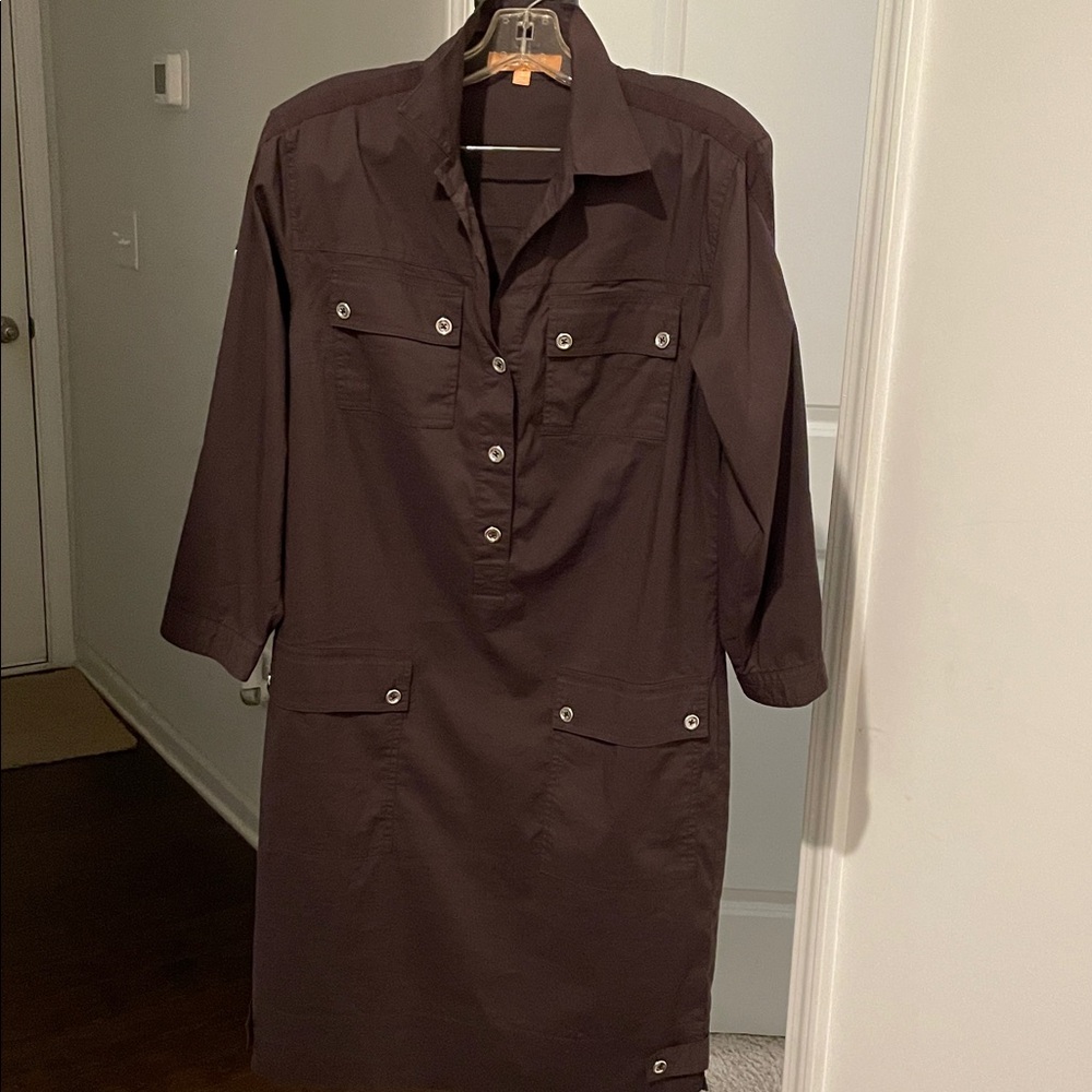 Ellen Tracy Dress Women Size 2 Brown Straight Cut Pullover Button Accent Pockets